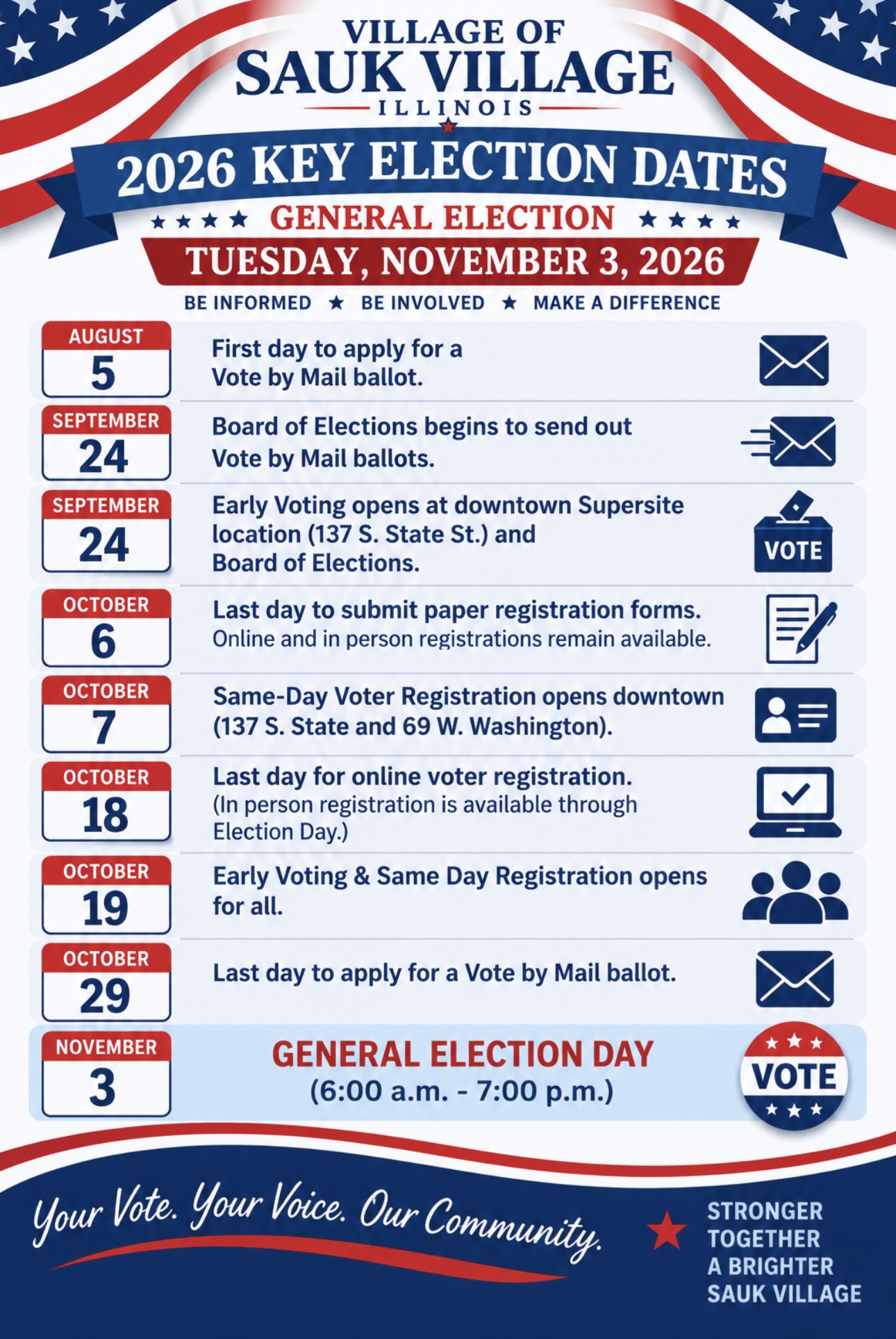 Sauk Village notice with key dates for the 2026 General Election.