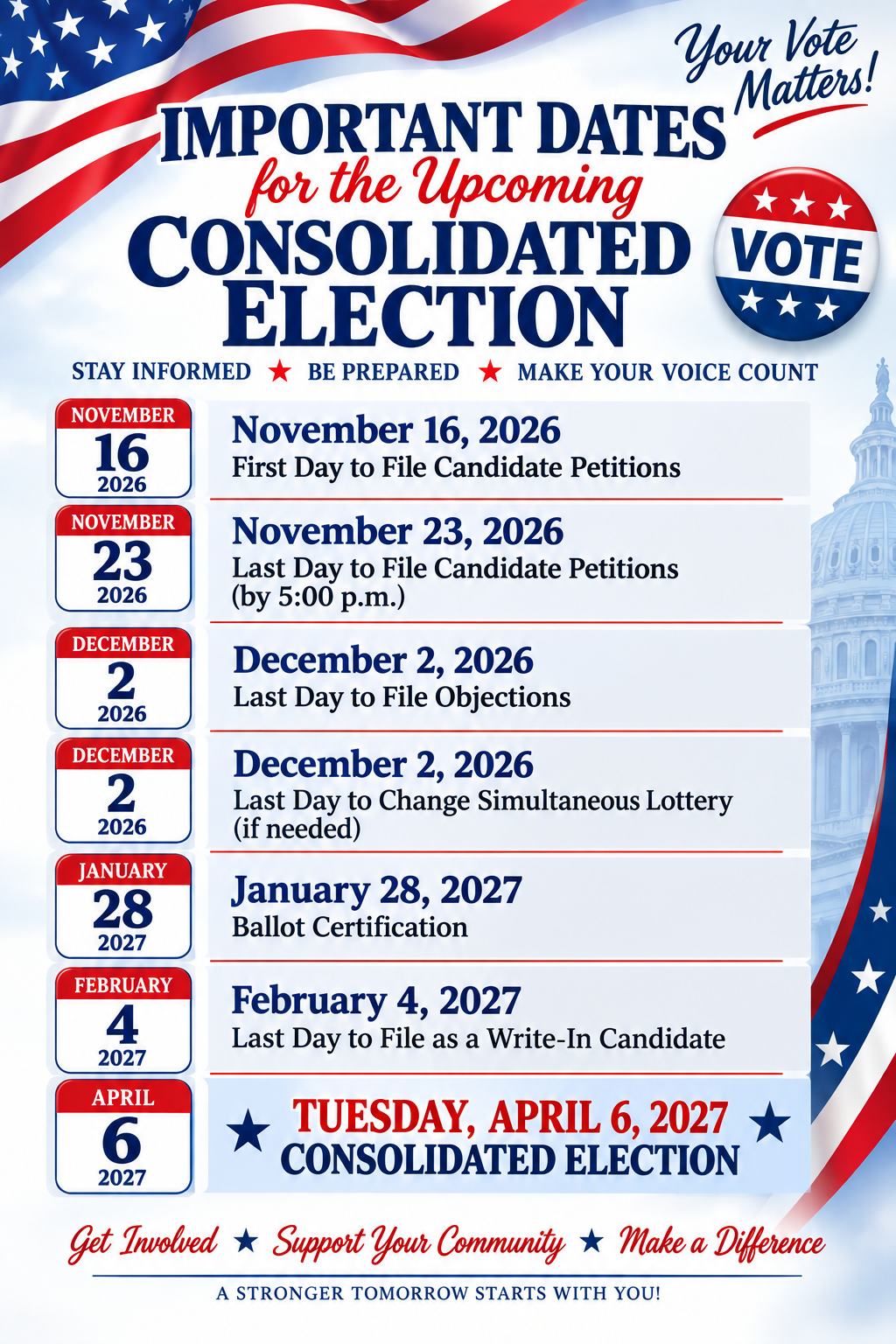 Important dates for the upcoming Consolidated Election in Sauk Village.